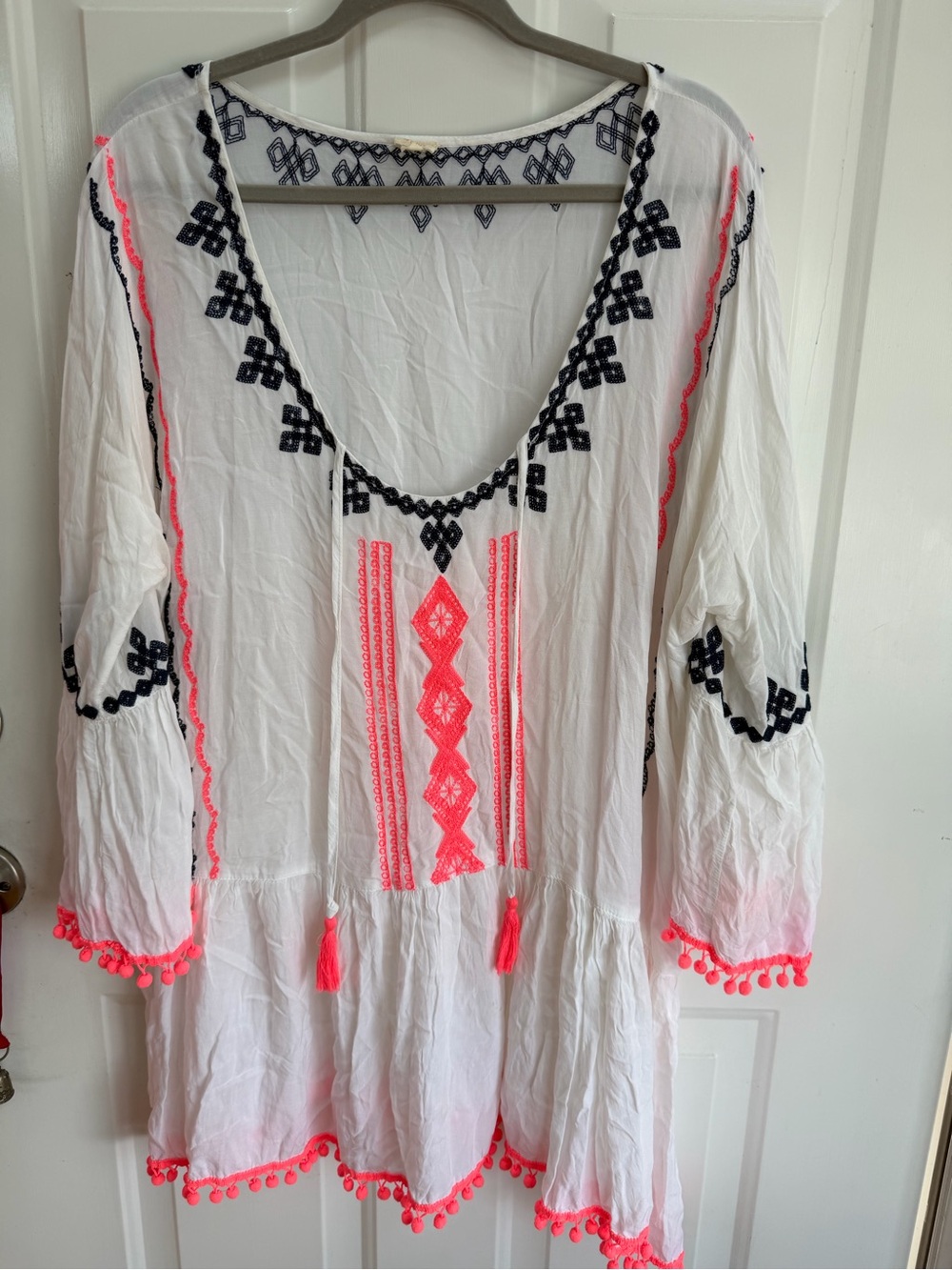 Surf Gypsy White Tunic Coverup with Neon Pink and Navy Embroidery